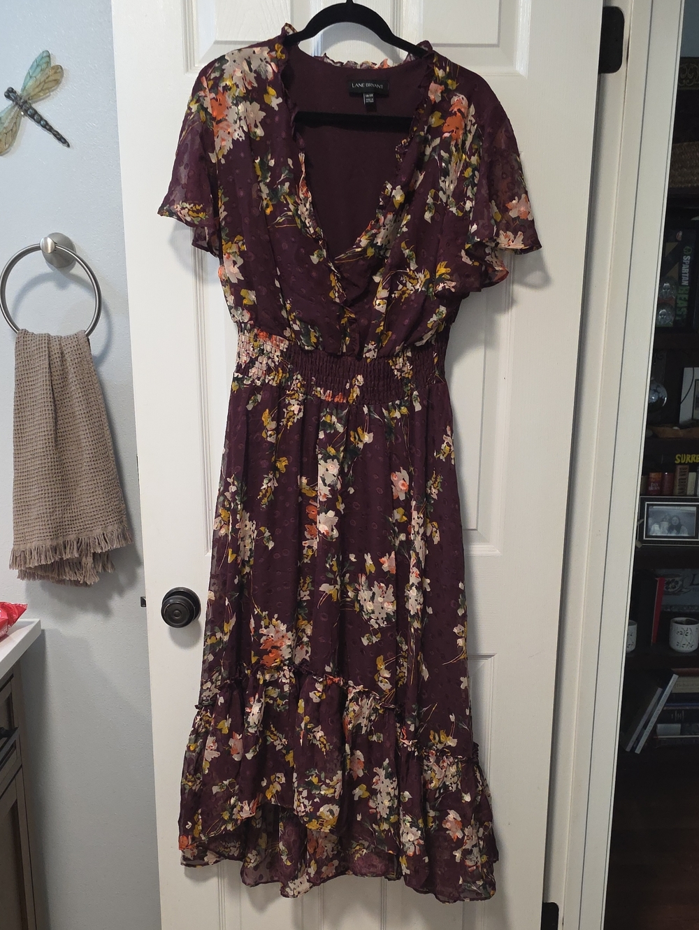 Lane Bryant Plum Floral Midi Dress with Cream and Pink Accents